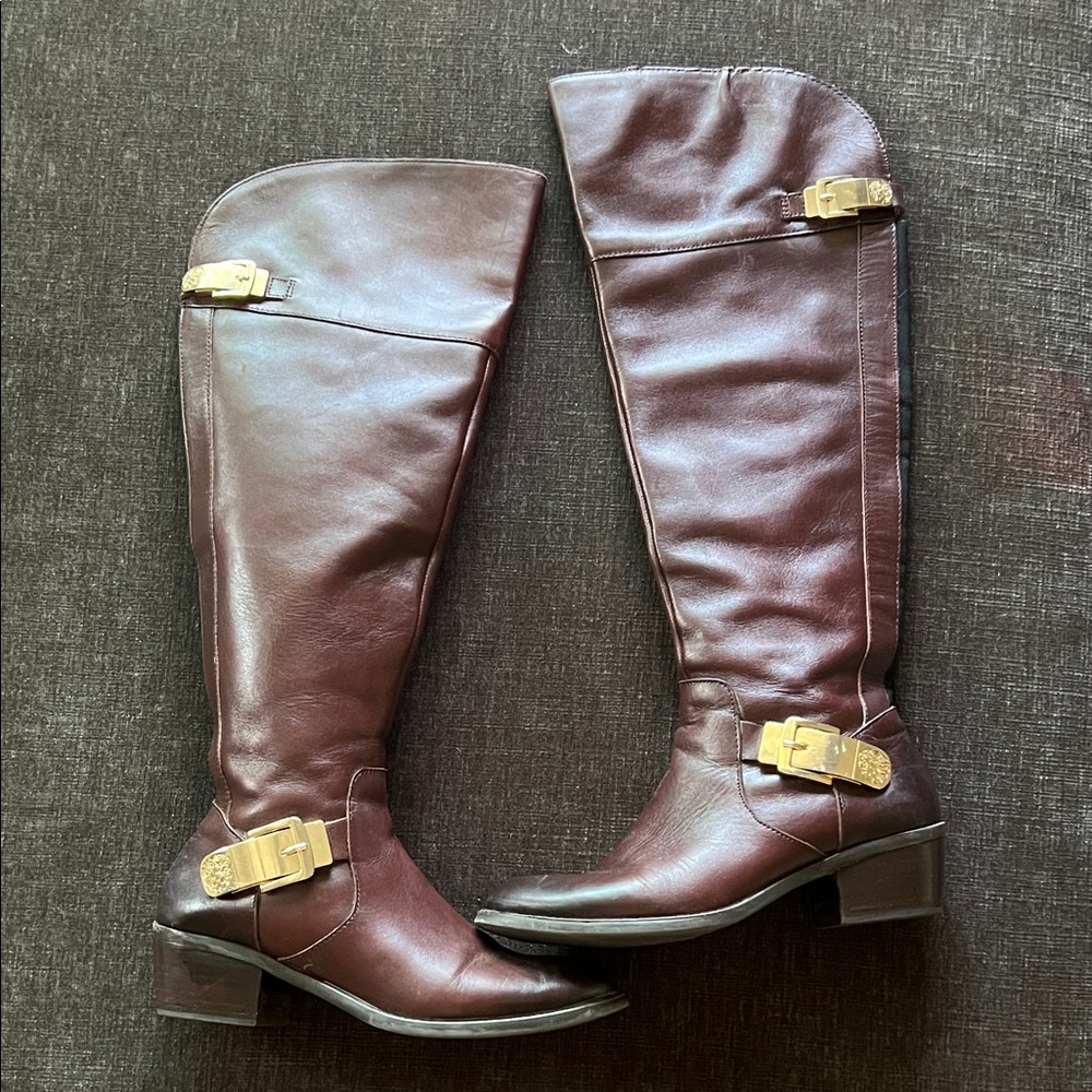 Vince Camuto Brown Leather Riding Boots with Gold Buckles Size 8.5